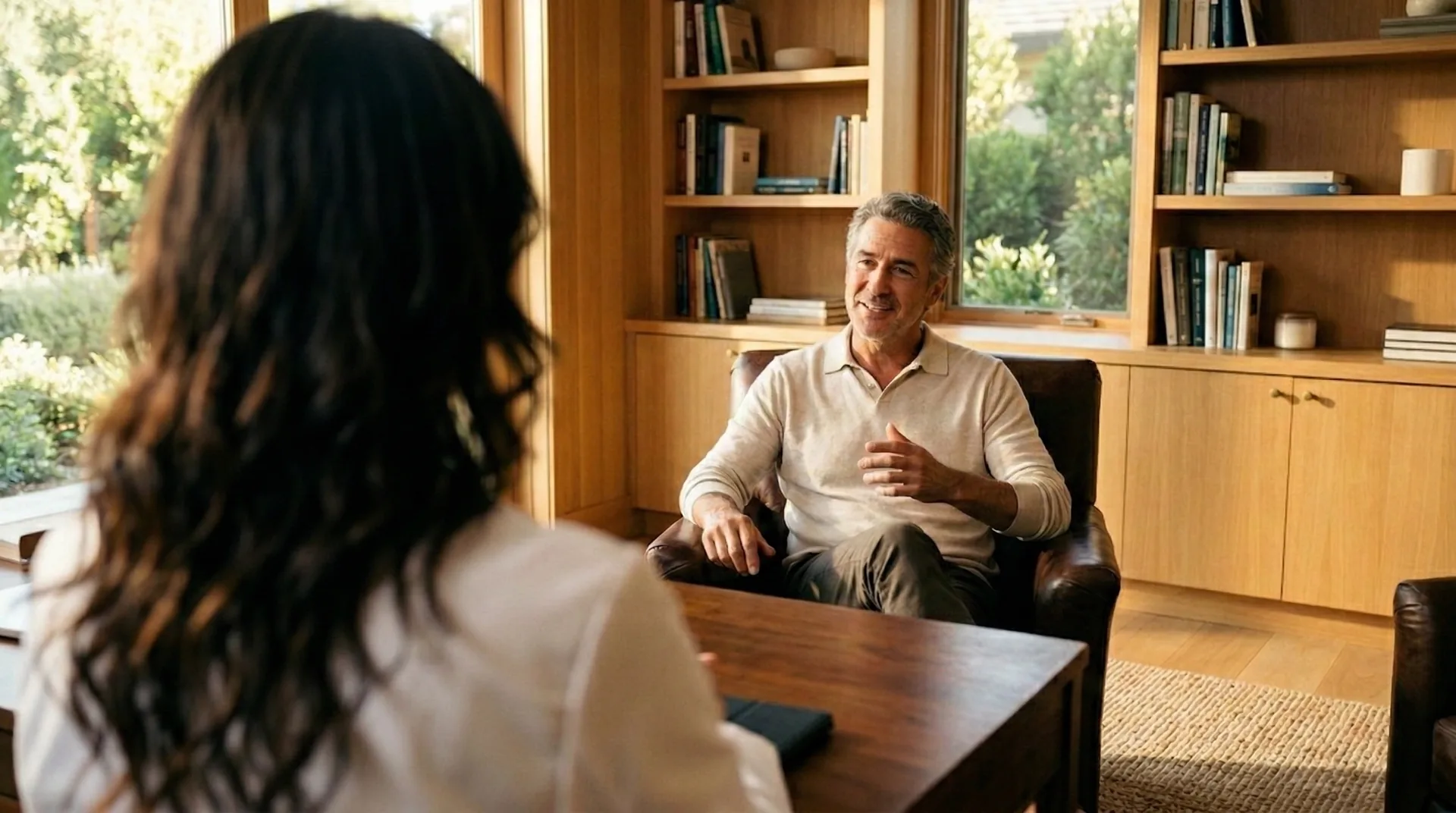 Unhurried medical consultation in premium private clinic with warm afternoon light