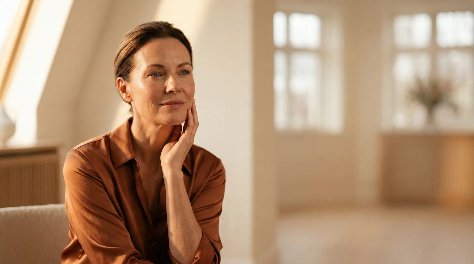 Woman with luminous healthy skin in soft window light — renewed radiance