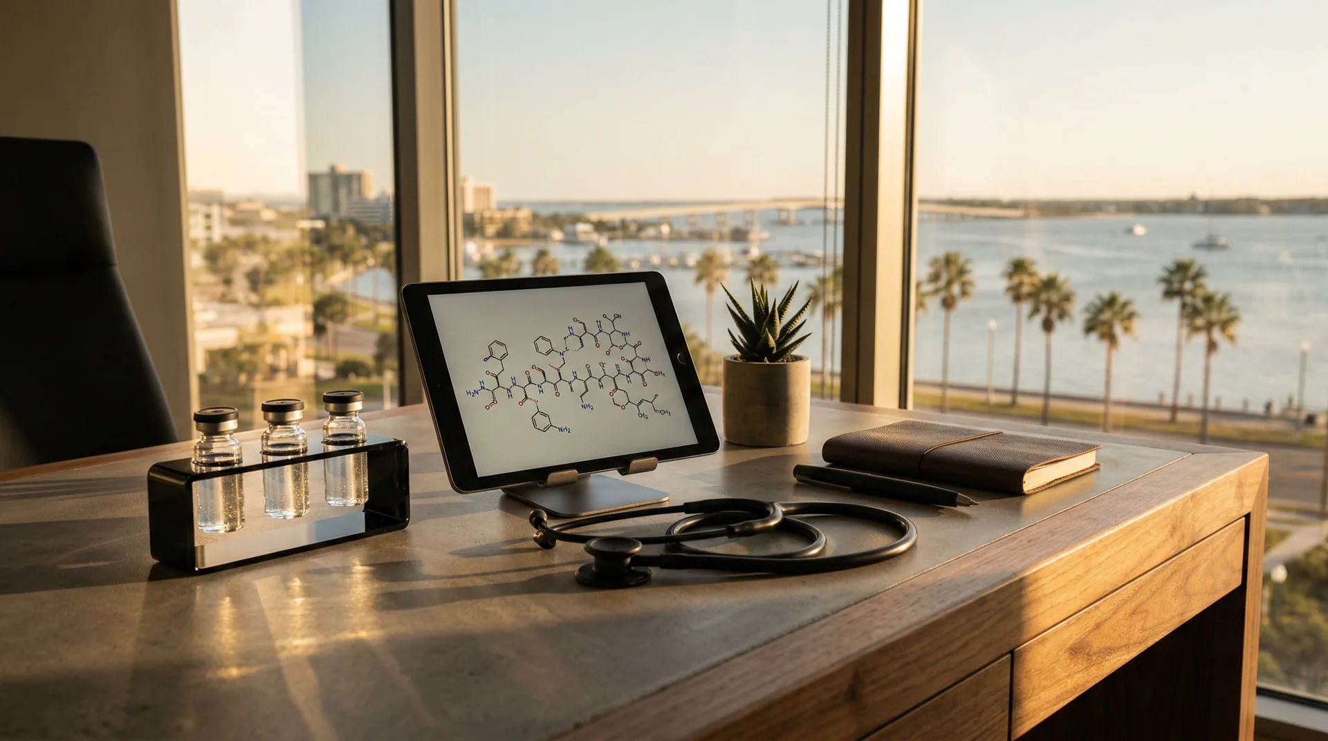 Physician desk with peptide vials and molecular diagram in sunlit Pensacola office